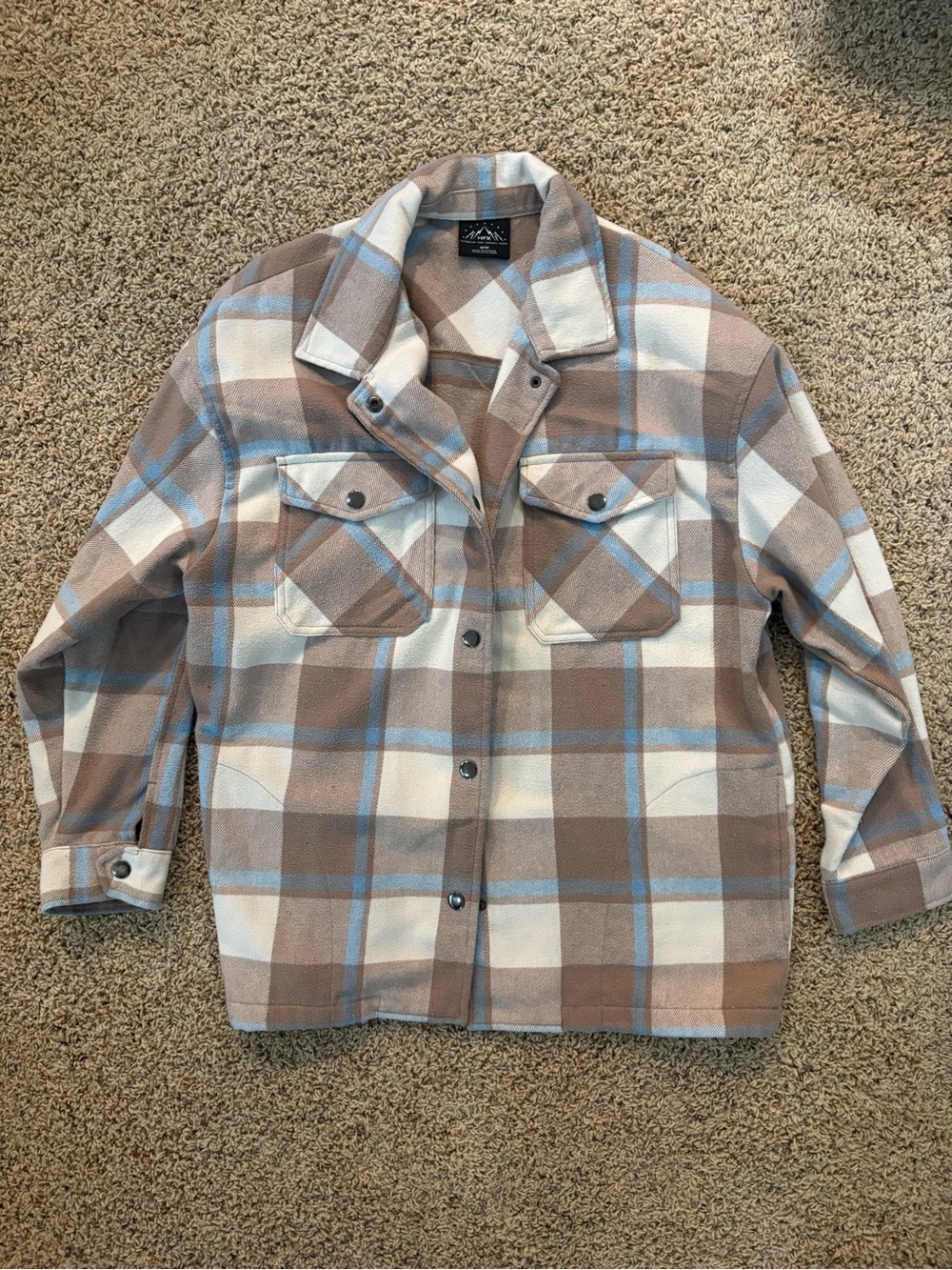 Plaid Snap-Front Shacket in Cream, Taupe & Light Blue